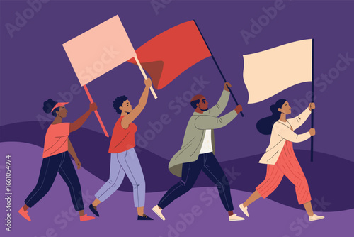 A determined group of diverse citizens marching with protest banners expressing dissent against specific policies.
