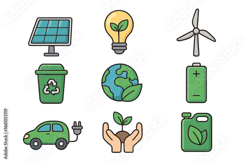 Eco friendly icon set for green energy. Sustainability, environment, and ecology concept. Renewable power, solar panel, wind turbine, recycling, electric car, and biofuel symbols.