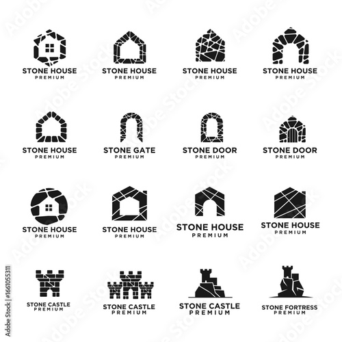 Stone House Castle Gate Door Fortress Logo Icon Vector Set. Minimalist Architectural Branding Design Collection.