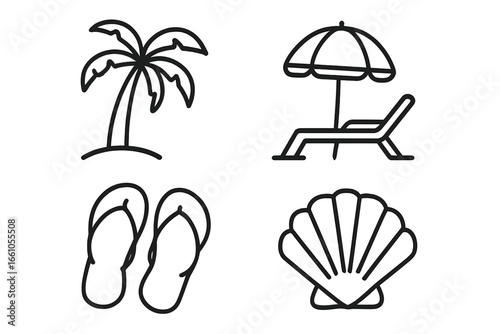 Beach icons set. Summer vacation outline symbols. Tropical holiday collection with palm tree, sun umbrella, lounge chair, flip flops, seashell. Vector line art illustration.