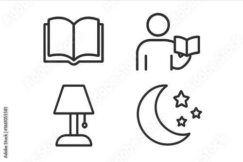 Bedtime story line icon set. Storytelling and reading concept. Open book, storyteller figure, bedside lamp, night moon and stars. Sleep routine pictogram collection. Vector symbols.