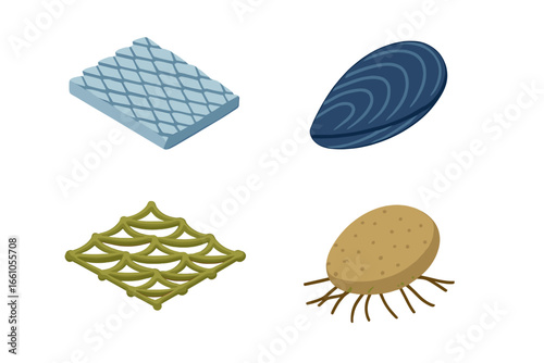 Set of bioinspired material icons in isometric style. Deep-sea biomimicry examples like sharkskin, mussel shell. Bionics and nanotechnology concept vector illustrations.
