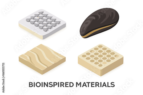 Bioinspired materials isometric icon set. Biomimicry and bionics concepts for science and technology. Shark skin texture, mussel shell adhesive inspiration vector illustration.