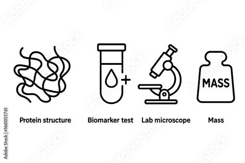 Biomarker discovery line icon set. Protein structure, biomarker test, lab microscope, mass symbols. Science, medicine, research vector icons. Molecular biology, diagnostics concepts.