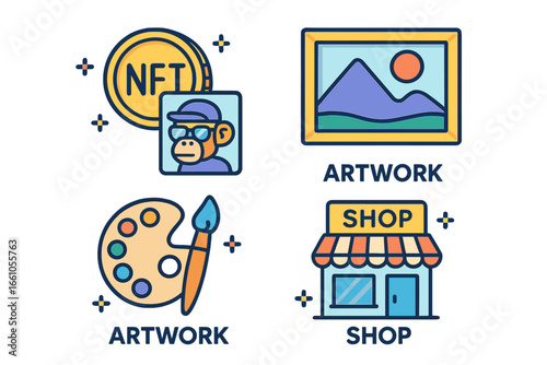 NFT icon set for digital art marketplace. Crypto collectibles, non-fungible token, and blockchain asset concepts. Vector cartoon illustration for e-commerce, online shop, and gallery.