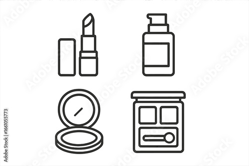Cosmetic products line art icons. Vector illustration set of beauty items including lipstick, liquid foundation, face powder, and eyeshadow palette for makeup and glamour concepts.