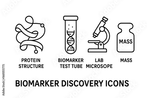 Biomarker discovery outline icon set. Vector icons of protein structure, DNA biomarker in test tube, lab microscope, and mass. Science, medicine, research, biotechnology concept.