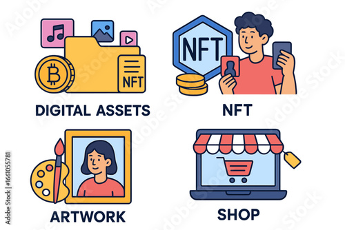 NFT digital assets and artwork vector icon set. Crypto art marketplace, online shop, and e-commerce concepts. Modern cartoon illustrations for blockchain technology business.