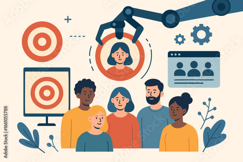 AI robotic arm choosing a person for HR or CRM. Concept for marketing focus group, target audience segmentation, customer management, advertising strategy and personalization.
