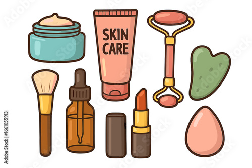 Skincare routine flat lay concept. Vector illustration of cosmetic products. Beauty tools set with jade roller, gua sha, serum, cream. Makeup and skin care essentials icon pack.