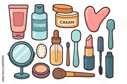 Vector set of beauty products and skincare essentials. Cartoon makeup collection with cream, toner, serum, lipstick, and mascara. Flat illustration of cosmetic tools for a daily routine.