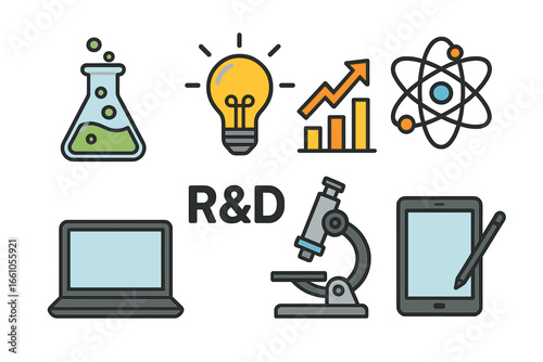 R&D icon set. Research and development concept. Science, technology, business, innovation symbols. Lab flask, idea lightbulb, growth chart, atom, microscope vector icons.
