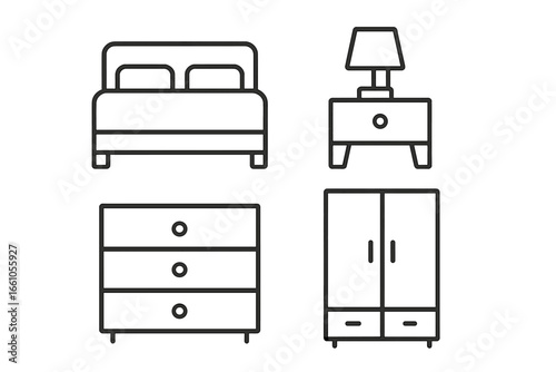 Bedroom furniture line icon set. Home interior decor elements. Outline collection with bed, wardrobe, dresser, nightstand with lamp. Minimalist vector illustration symbols.