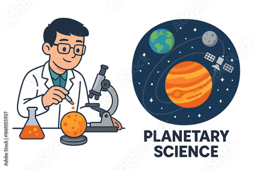 Planetary science vector concept. Scientist in laboratory doing research. Man with microscope studies planet. Space exploration, astronomy discovery. Solar system cartoon illustration.