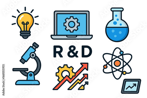 R&D icon set for research and development. Innovation, science, and technology symbols. Business strategy concept with lightbulb idea, microscope, atom, and growth chart.