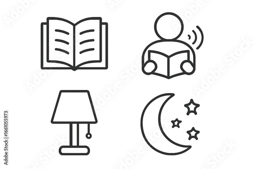 Bedtime story outline icon set. Reading book before sleep, storyteller person, bedside lamp and night moon with stars symbols. Linear pictograms for sleep routine, vector.