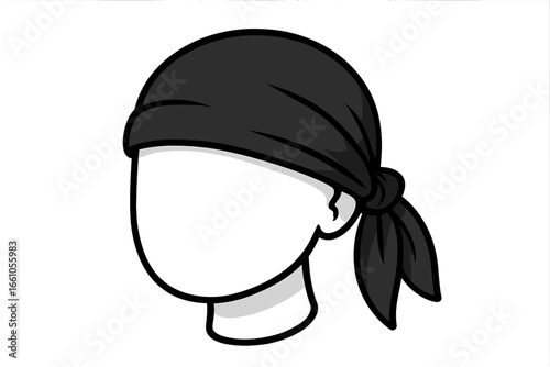 Minimalist vector of faceless head wearing black bandana. Concept for biker, pirate, gang or hip hop culture fashion. Head wrap, kerchief or headband accessory icon illustration.