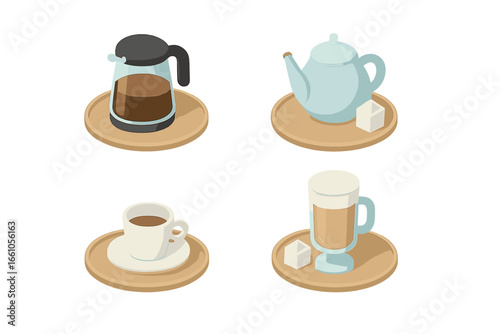 Isometric coffee and tea icons. Flat design vector set for cafe menu or restaurant. Includes coffee pot, teapot, espresso, latte macchiato glass, sugar on a service tray.
