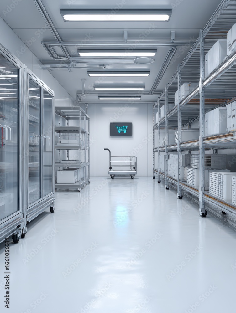 Naklejka premium a clean modern cold storage room with metal shelving and cooling units featuring a digital icon overlay of a storage cart