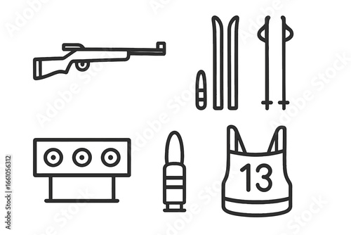 Biathlon winter sport icon set. Outline vector graphics of rifle, cross-country ski, shooting target, bullet, poles, race bib. Competition equipment symbols collection.