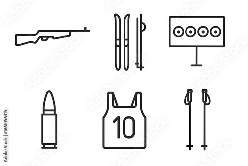 Biathlon winter sports linear icon set. Vector outline graphic elements for competition. Rifle, cross country ski, shooting range target, bullet, race bib, ski poles.