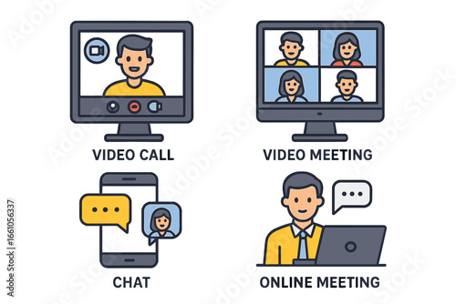 Set of business communication icons. Video call, online meeting, chat, and conference concepts. Remote work, webinar, and collaboration symbols for modern corporate teamwork.