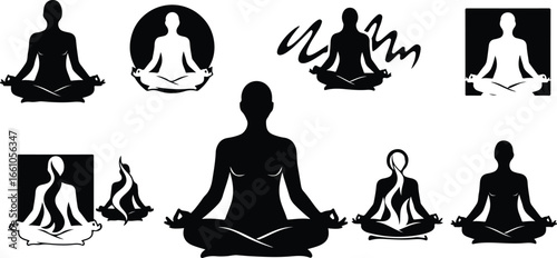 Collection of black and white yoga meditation poses and abstract designs silhouette lotus position