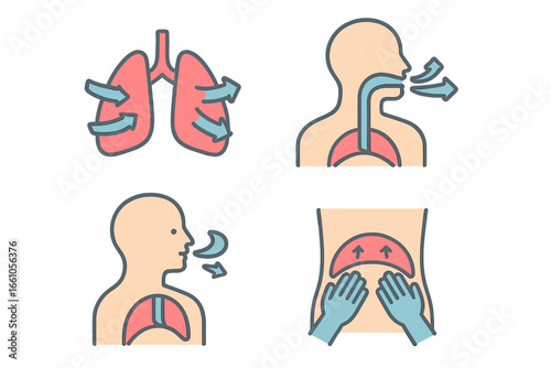 Breathing techniques icon set for wellness. Breath control exercise for relaxation, stress relief. Lungs, airflow, diaphragm massage. Yoga and meditation vector pictogram pack.