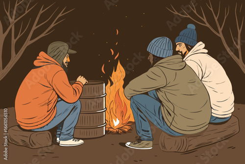 Shelter, warmth, camaraderie homeless individuals huddle near a flickering fire in urban sprawl.