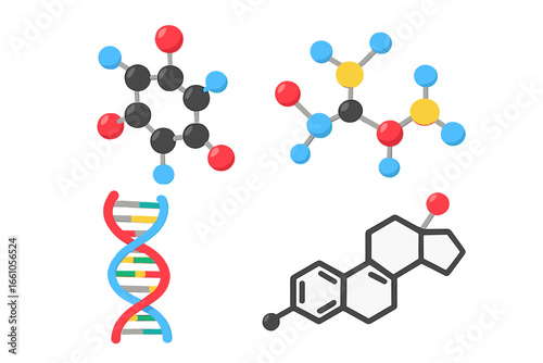 Science icon set of four key biochemical molecules. Includes DNA double helix, amino acid, glucose, and hormone structures. Flat vector for biology, chemistry, and medical design.