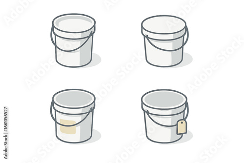 Isometric storage buckets icon set. Flat vector illustration of utility pails with handles, labels, and tags. Clean, stackable plastic containers for organization or products.