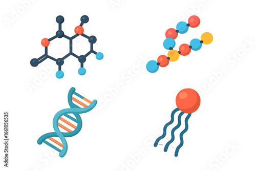 Biochemistry molecules icon set. Isometric science vector illustrations of DNA helix, amino acid chain, organic chemical compound, and cell. Flat design for biology and chemistry.