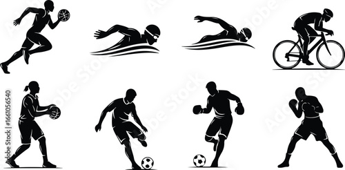 Collection of black silhouette sports figures including basketball swimming cycling soccer and boxing