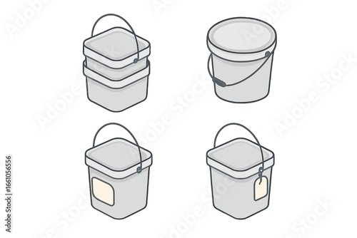 Isometric storage buckets icon set. Vector illustration of stackable square & round plastic containers with handle, lid, label, and tag. Flat design graphic on transparent background.