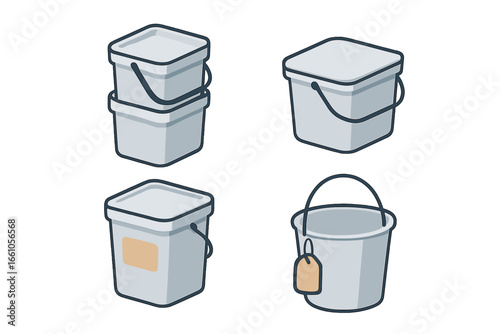 Storage buckets and pails isometric icon set. Vector flat design illustration of utility containers for organization, cleaning, and household tasks. Stackable plastic bucket with handle.