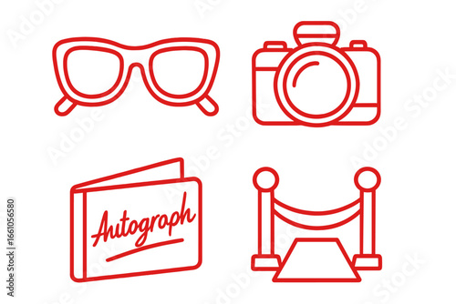 Fame and celebrity lifestyle icon set. Red carpet event symbols. Paparazzi camera, superstar sunglasses, autograph book. Hollywood movie star, VIP concept. Vector line art.