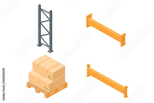 Isometric warehouse storage icon set. Pallet racking system parts. Vector graphics of pallet rack upright, crossbeam, and loaded pallet. Logistics and inventory equipment concept.