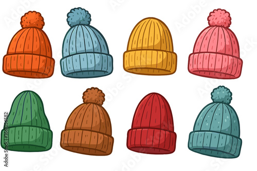 Vector set of colorful knitted winter hats. Warm beanies collection with and without pom-poms. Cold season headwear accessories. Cartoon illustration for fashion design.