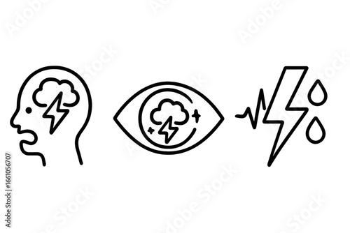 Storm emotions icon set. Fear, anxiety, panic attack concepts. Psychology, mental health vector. Head silhouette, brain, eye, lightning bolt. Adrenaline spike, awe, stress illustration.