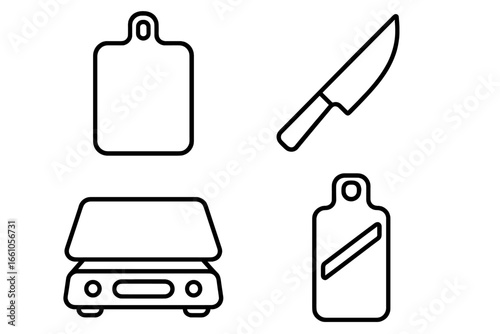 Chef tool icon set. Culinary equipment outline. Kitchen utensil illustration. Cooking workstation essentials vector. Food preparation symbols. Cutting board. Chef knife. Digital scale.