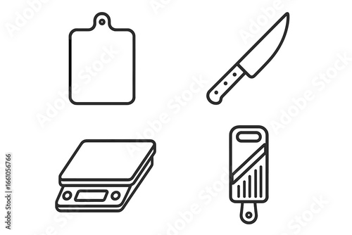 Chef tool icon set. Outline icons of chef's workstation essentials. Cutting board, knife, digital scale, and mandoline. Vector illustration for cooking and culinary design.