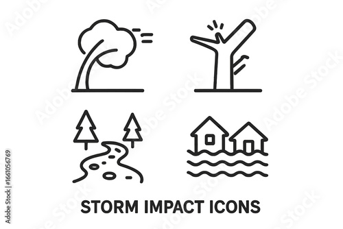 Storm impact icon set. Vector outline symbols of natural disasters like floods and hurricanes. Includes flooded house, bent tree, broken branch, and muddy trail. Weather damage concept.