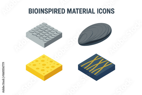 Bioinspired material science icons. Isometric vector set of biomimicry concepts. Shark skin surface, mussel shell adhesive, and sea sponge structure for bionic engineering design.