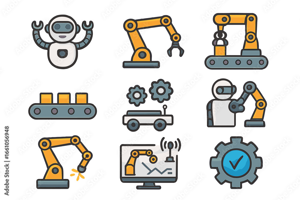 Fototapeta premium Robotic icon set for industrial automation. Manufacturing technology with robot arm, conveyor belt, AI control. Vector collection for industry 4.0, smart factory concepts.
