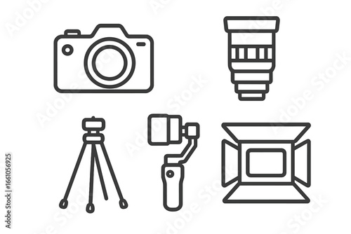 Cinematography and photography equipment line icon set. Vector illustration of a camera, lens, tripod, gimbal stabilizer, and studio softbox light for filmmaking concepts.