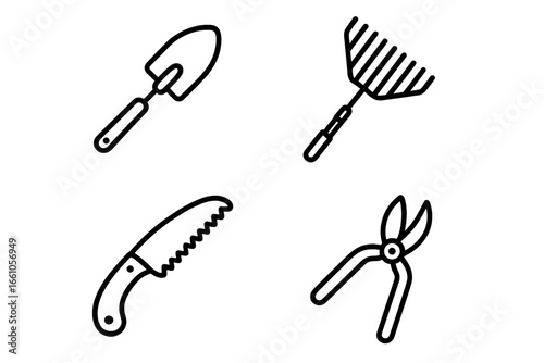 Gardening tools outline icon set for city and balcony gardens. Trowel, rake, pruning saw, shears vector illustration. Urban farming equipment. Minimalist line art symbols.