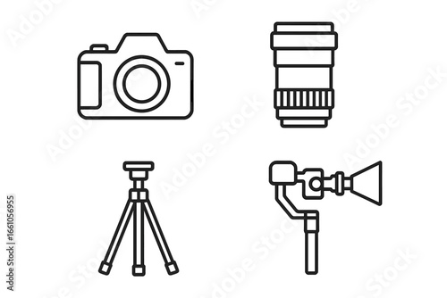 Cinematography equipment outline icons. Professional video production gear. Line art icon set with camera, lens, tripod, and gimbal stabilizer. Isolated vector illustration.
