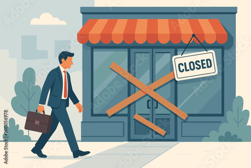 Businessman walks away from his closed shop. Store closing down. Out of business concept. Financial crisis, bankruptcy, and recession metaphor. Company shutting down. Vector.