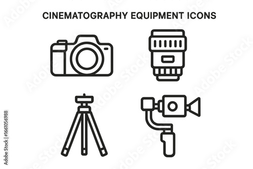 Cinematography equipment outline icon set. Vector symbols for movie production gear. Includes digital camera, lens, tripod, and gimbal stabilizer for filmmaking and video.