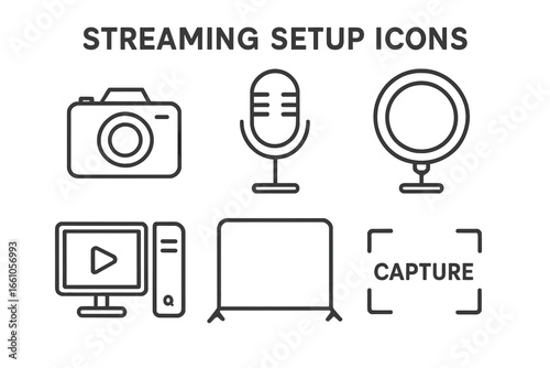 Streaming setup line icon set. Streamer or vlogger equipment. Live broadcast gear icons like camera, microphone, ring light, pc computer, green screen, capture symbol.